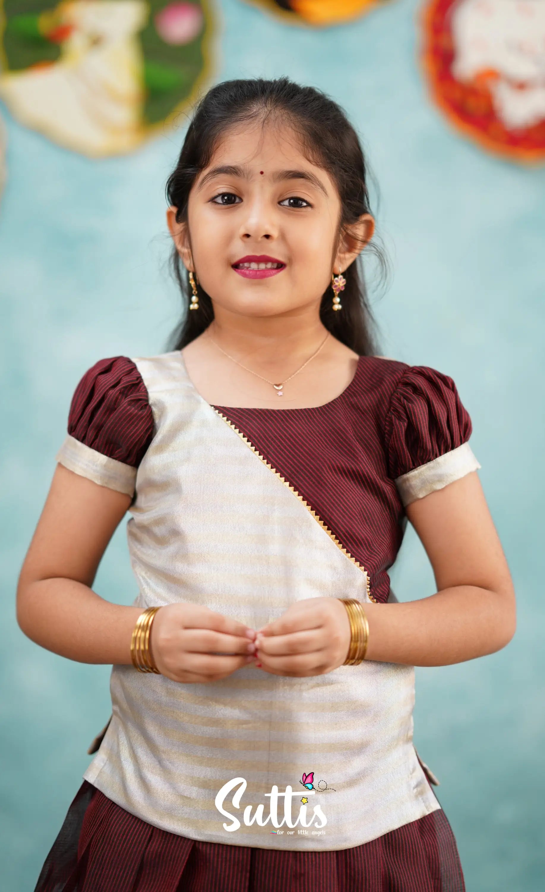 Izhaiyini - Brownish Maroon Shade And Silver Tissue Organza Pavadai Sattai Kids-Suttis