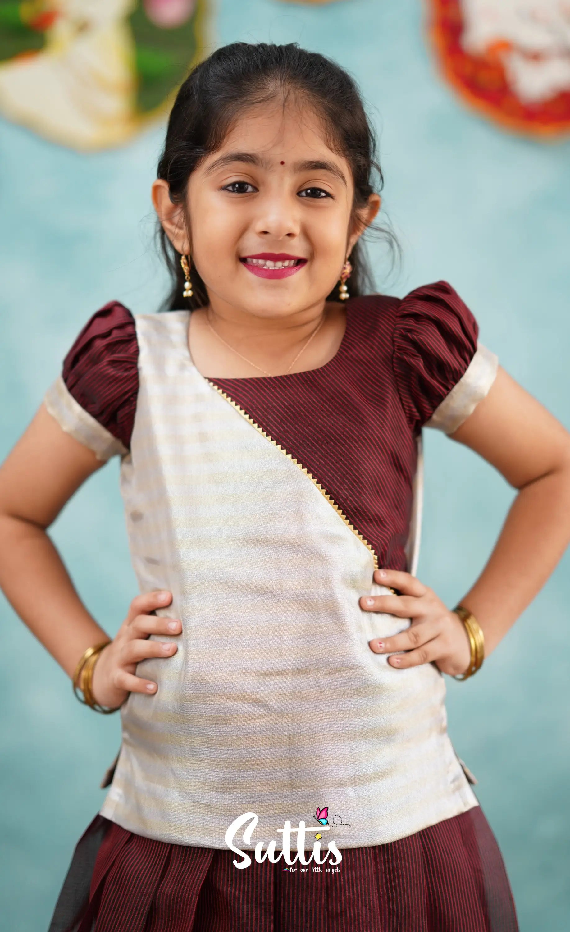 Izhaiyini - Brownish Maroon Shade And Silver Tissue Organza Pavadai Sattai Kids-Suttis