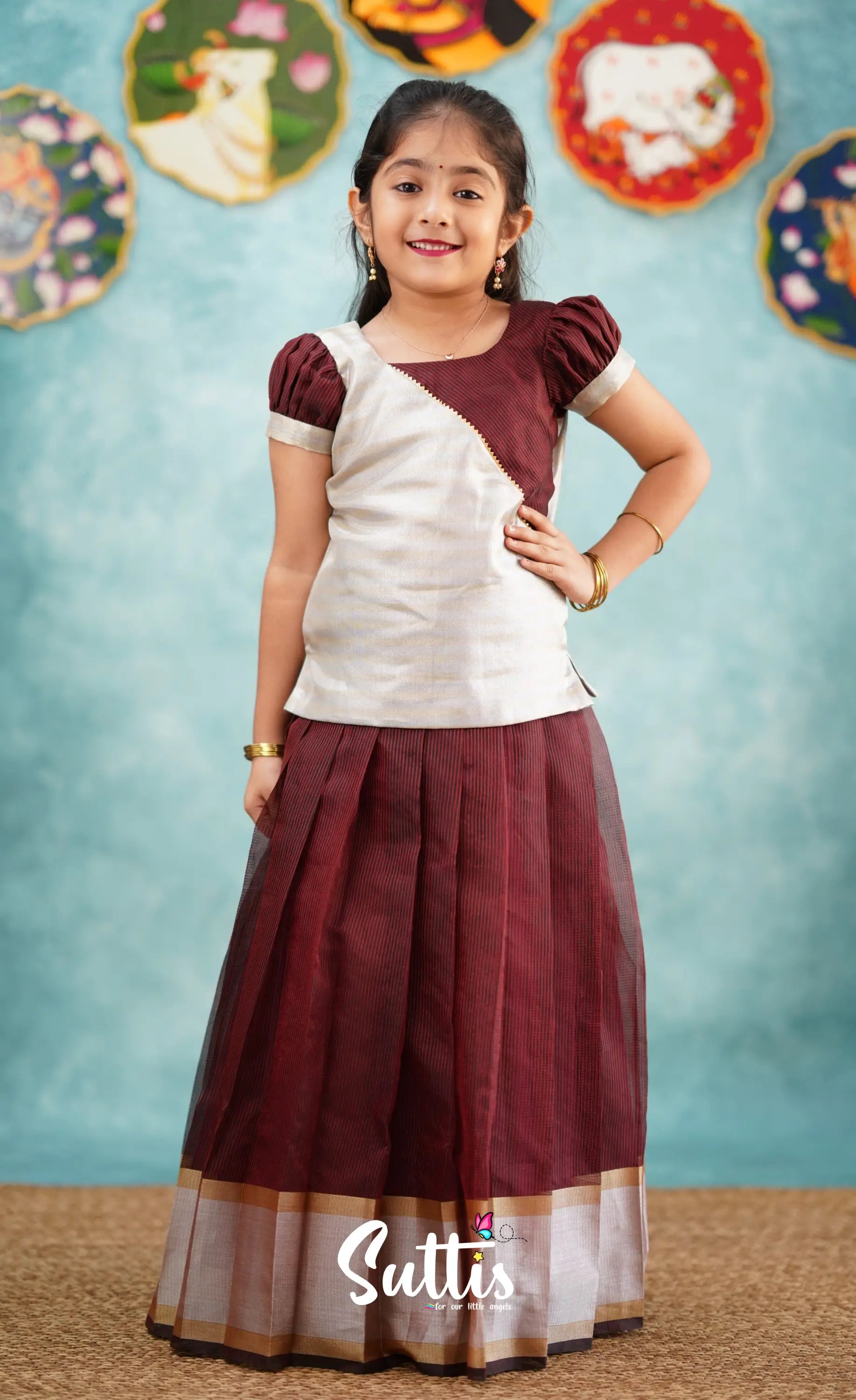 Izhaiyini - Brownish Maroon Shade And Silver Tissue Organza Pavadai Sattai Kids-Suttis