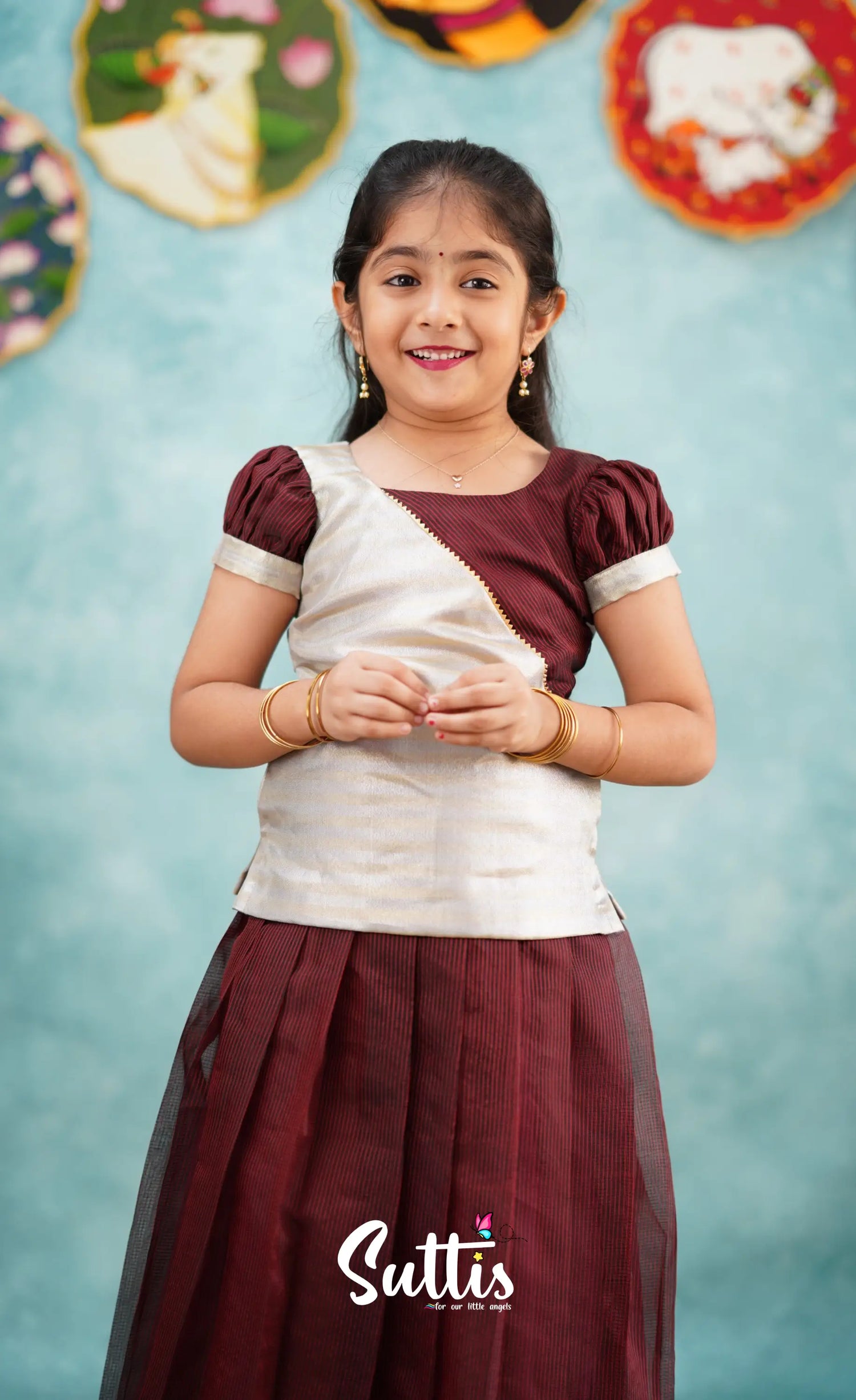 Izhaiyini - Brownish Maroon Shade And Silver Tissue Organza Pavadai Sattai Kids-Suttis