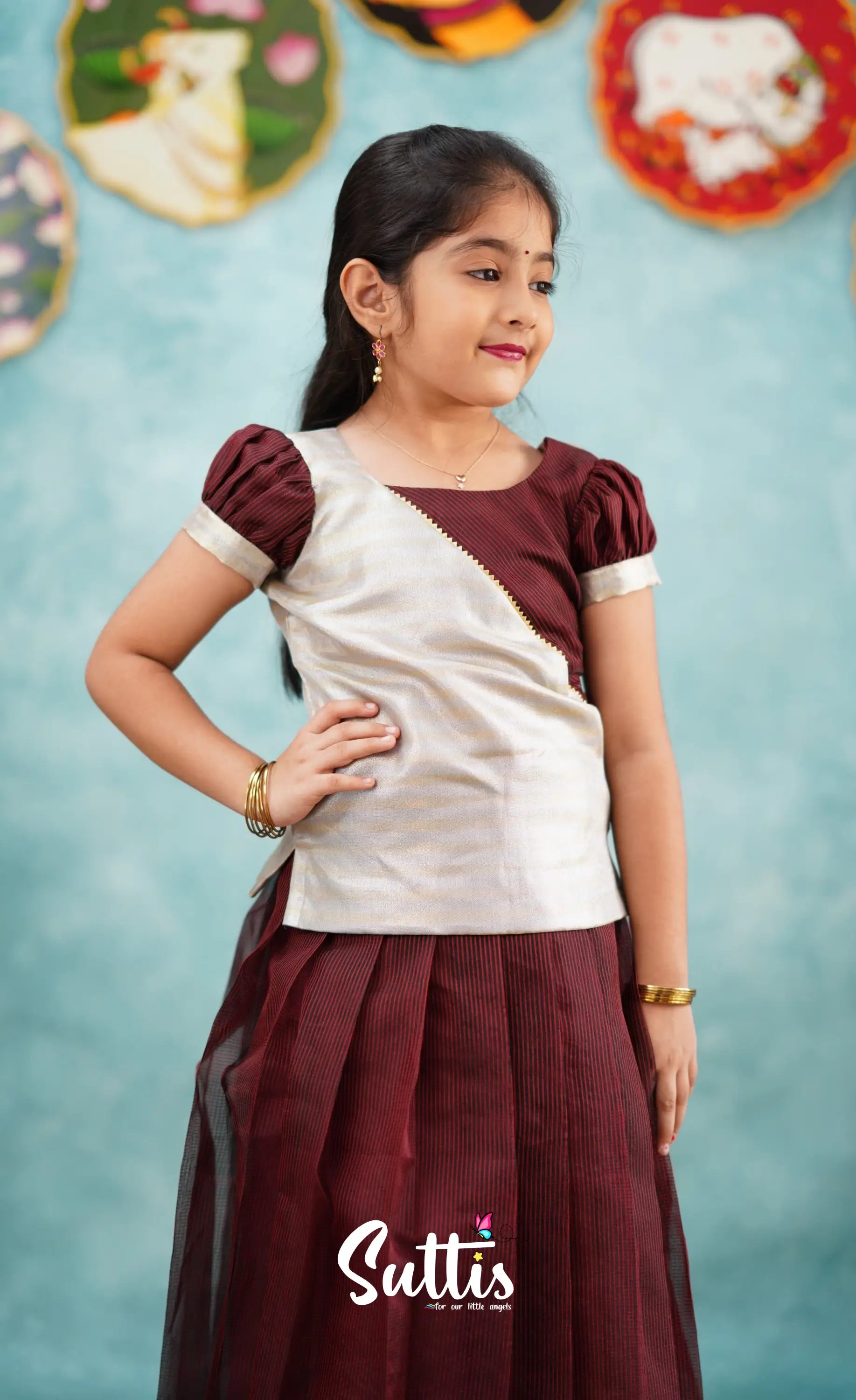 Izhaiyini - Brownish Maroon Shade And Silver Tissue Organza Pavadai Sattai Kids-Suttis