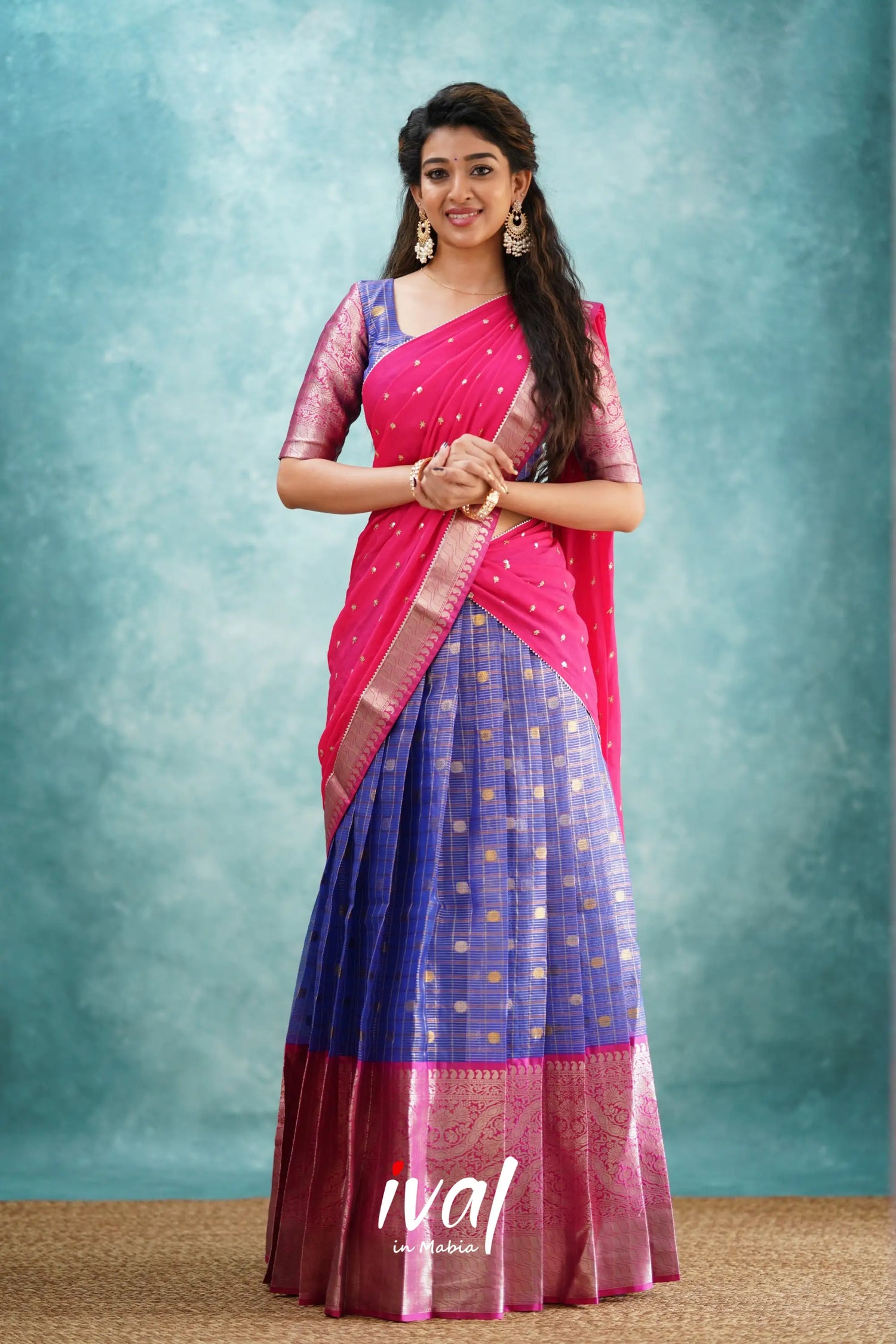 Izhaiyini - Dark Blue And Pink Banarasi Tissue Halfsaree Half Sarees