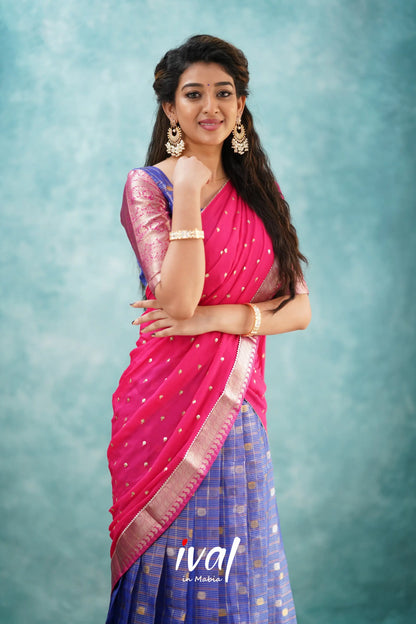 Izhaiyini - Dark Blue And Pink Banarasi Tissue Halfsaree Half Sarees