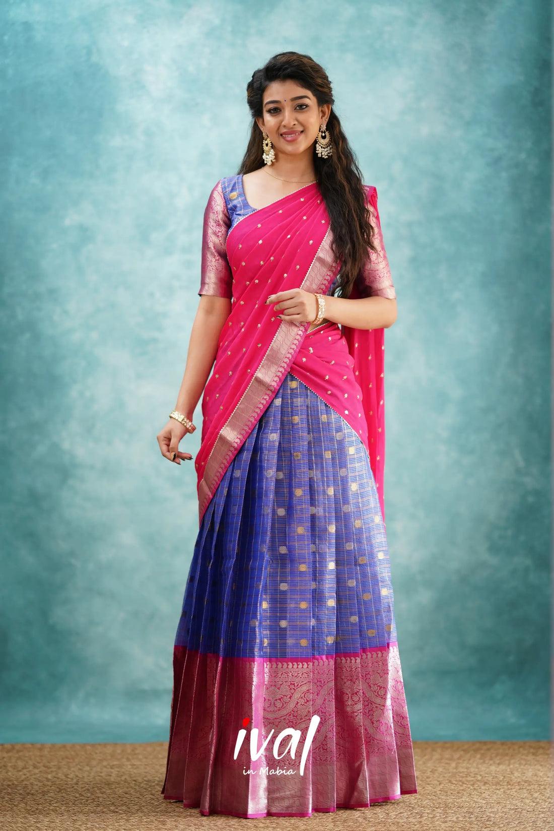 Izhaiyini - Dark Blue And Pink Banarasi Tissue Halfsaree Half Sarees