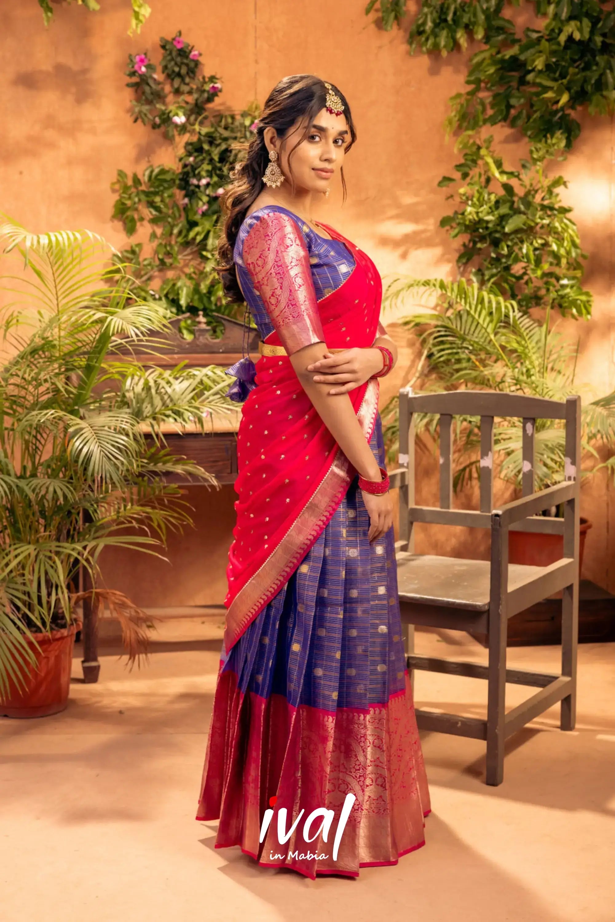 Izhaiyini - Dark Blue And Pink Banarasi Tissue Halfsaree Half Sarees