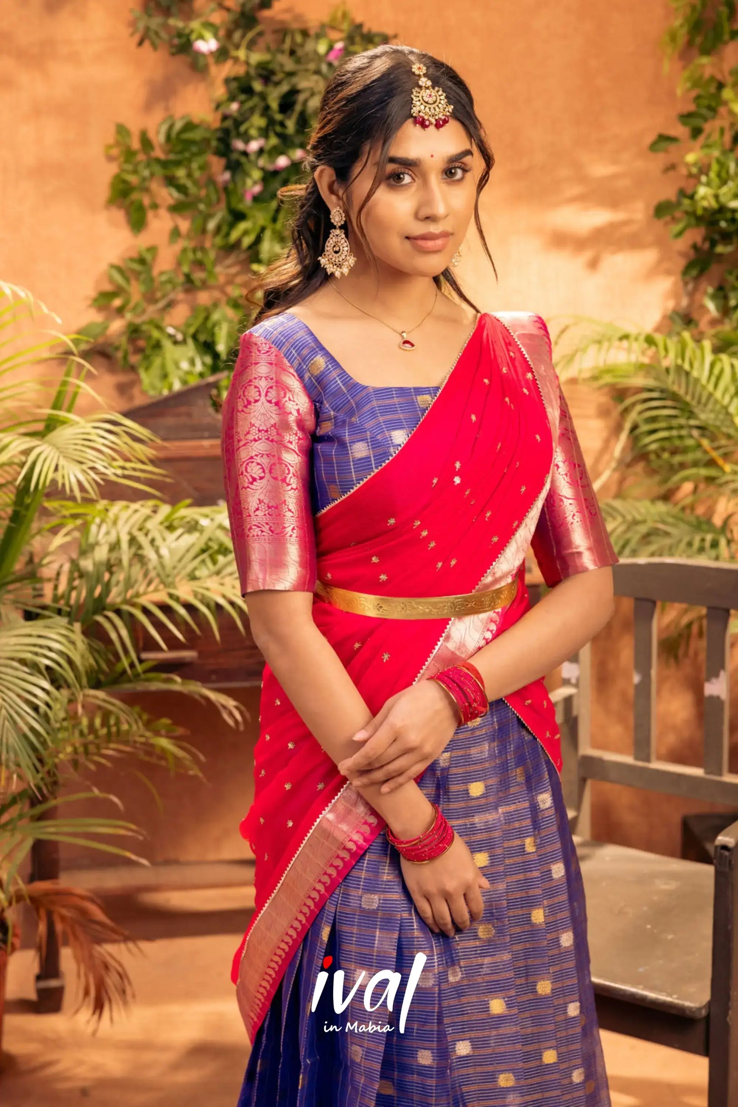 Izhaiyini - Dark Blue And Pink Banarasi Tissue Halfsaree Half Sarees