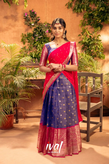 Izhaiyini - Dark Blue And Pink Banarasi Tissue Halfsaree Half Sarees