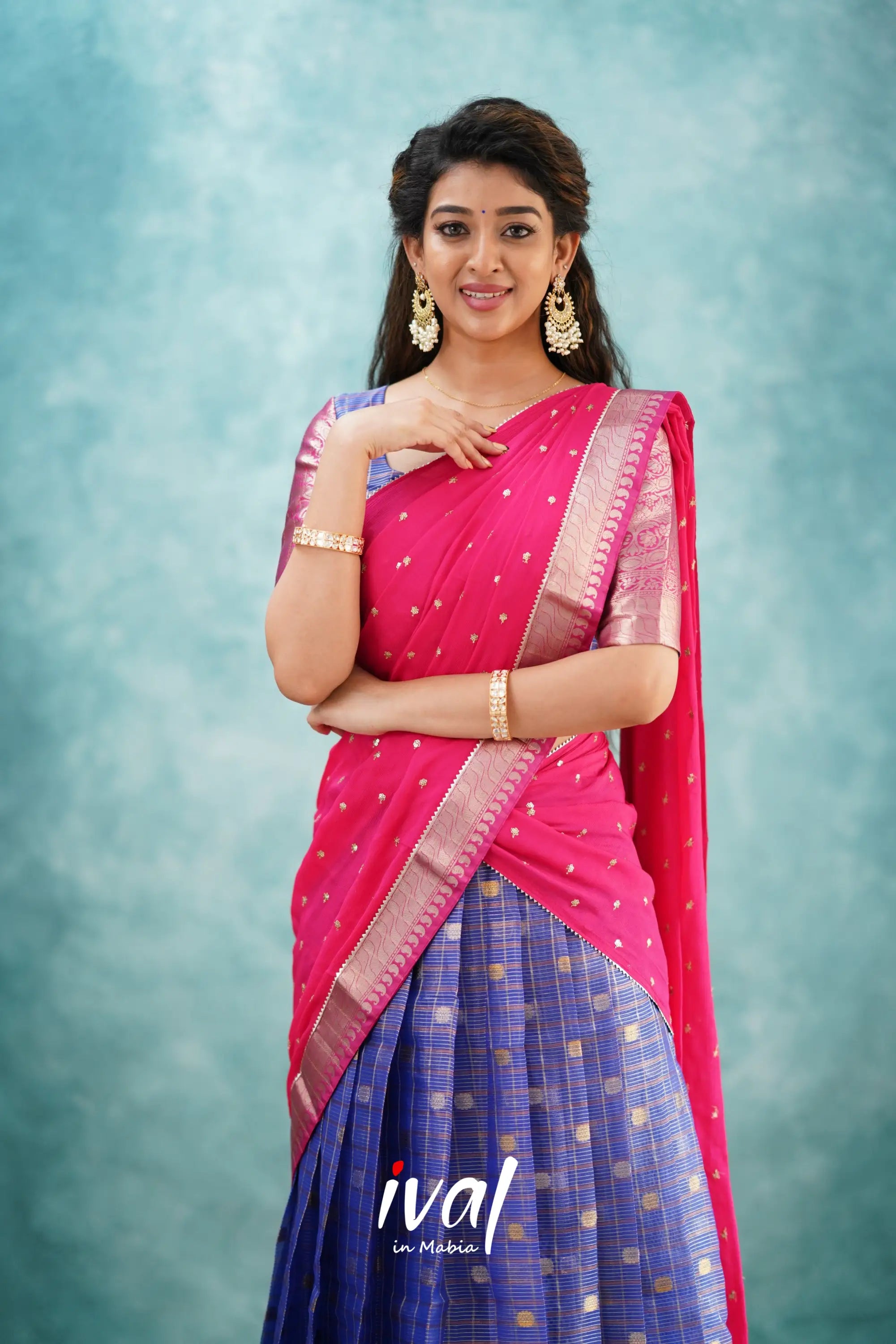 Izhaiyini - Dark Blue And Pink Banarasi Tissue Halfsaree Half Sarees