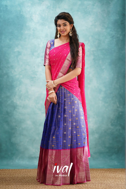 Izhaiyini - Dark Blue And Pink Banarasi Tissue Halfsaree Half Sarees