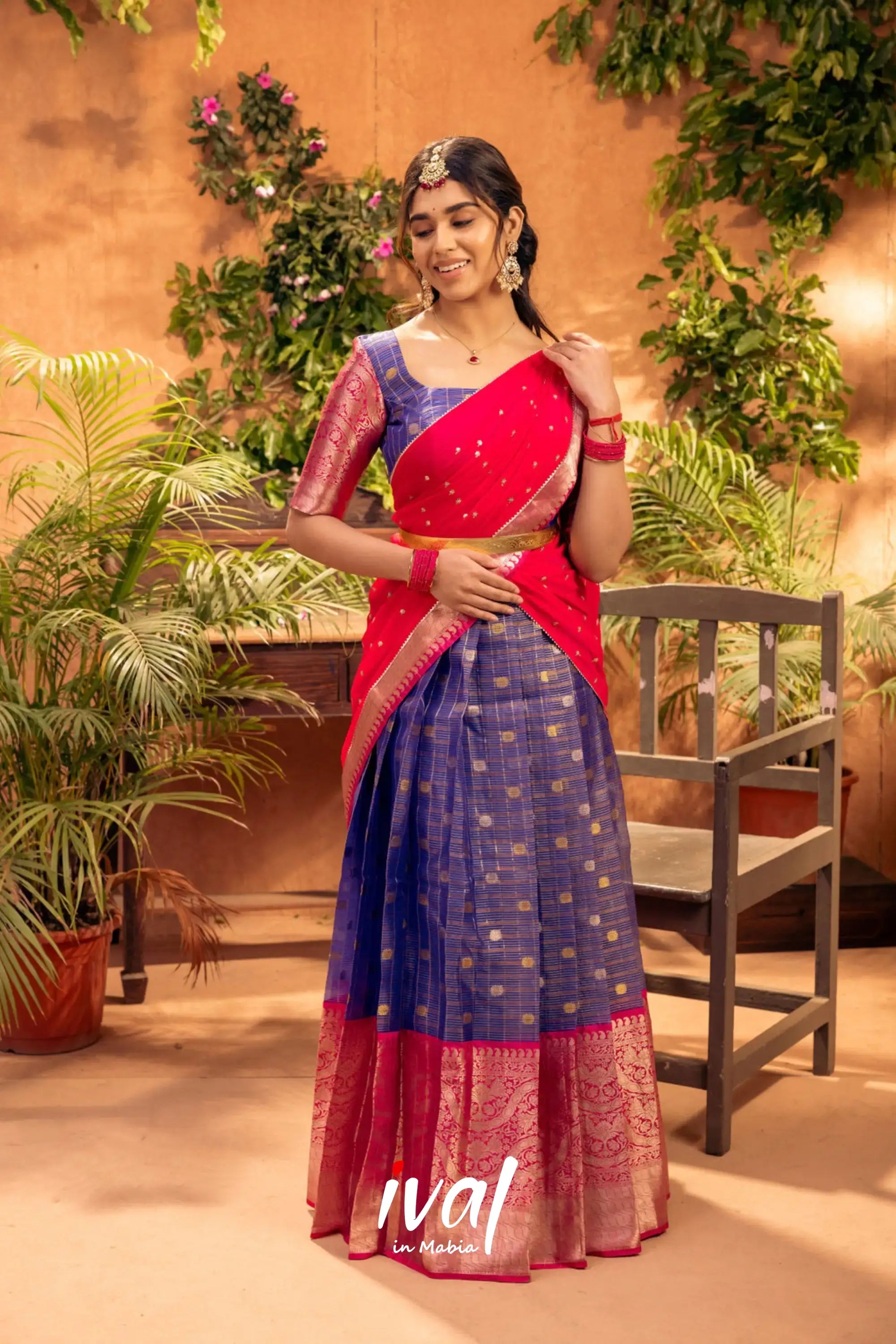 Izhaiyini - Dark Blue And Pink Banarasi Tissue Halfsaree Half Sarees