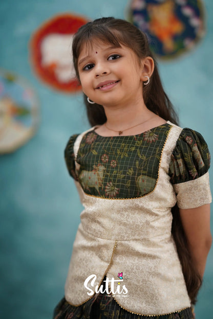 Izhaiyini - Dark Bottle Green Organza Top And Skirt Kids-Suttis