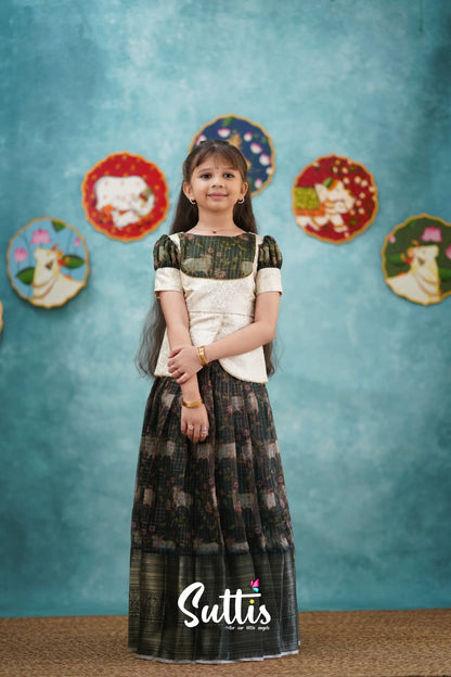 Izhaiyini - Dark Bottle Green Organza Top And Skirt Kids-Suttis