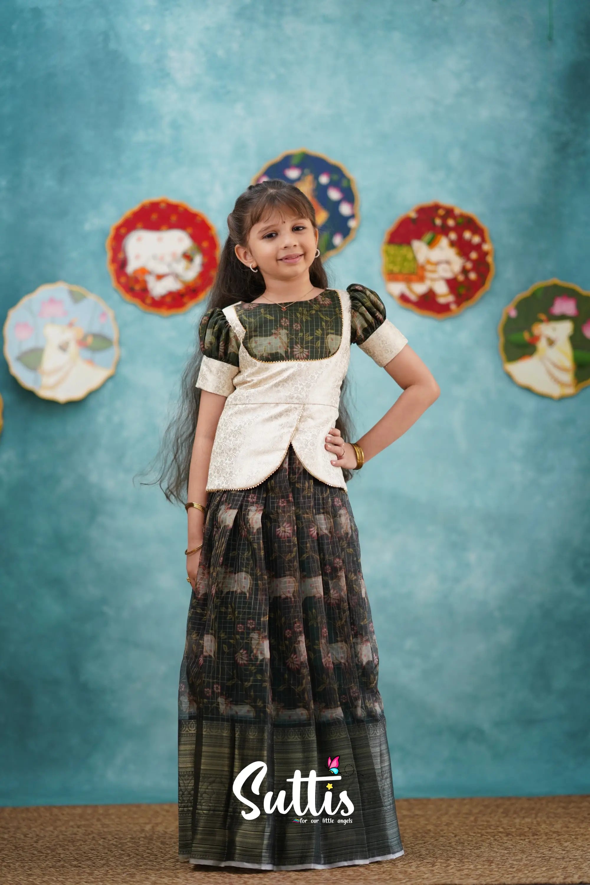 Izhaiyini - Dark Bottle Green Organza Top And Skirt Kids-Suttis