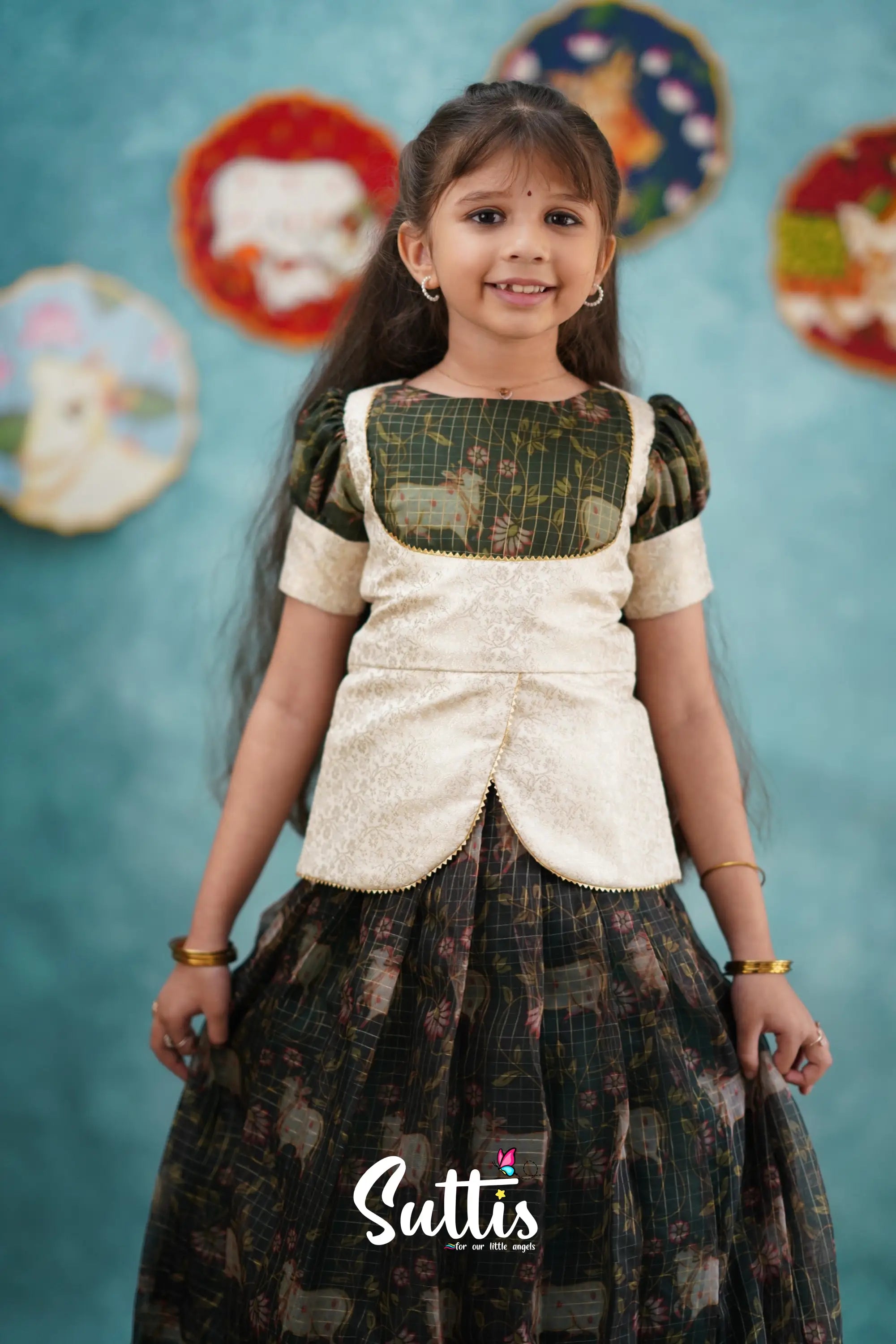 Izhaiyini - Dark Bottle Green Organza Top And Skirt Kids-Suttis