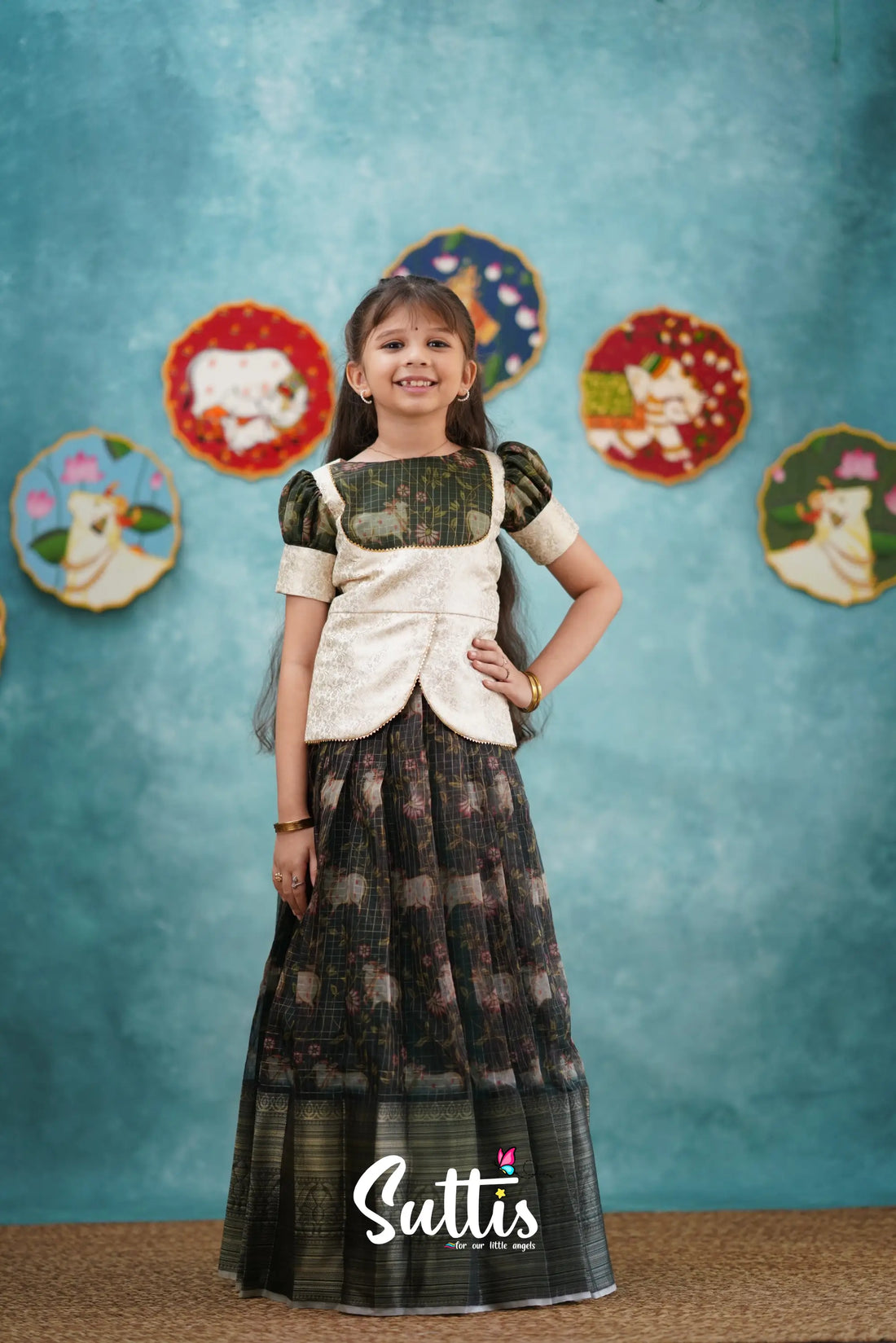 Izhaiyini - Dark Bottle Green Organza Top And Skirt Kids-Suttis