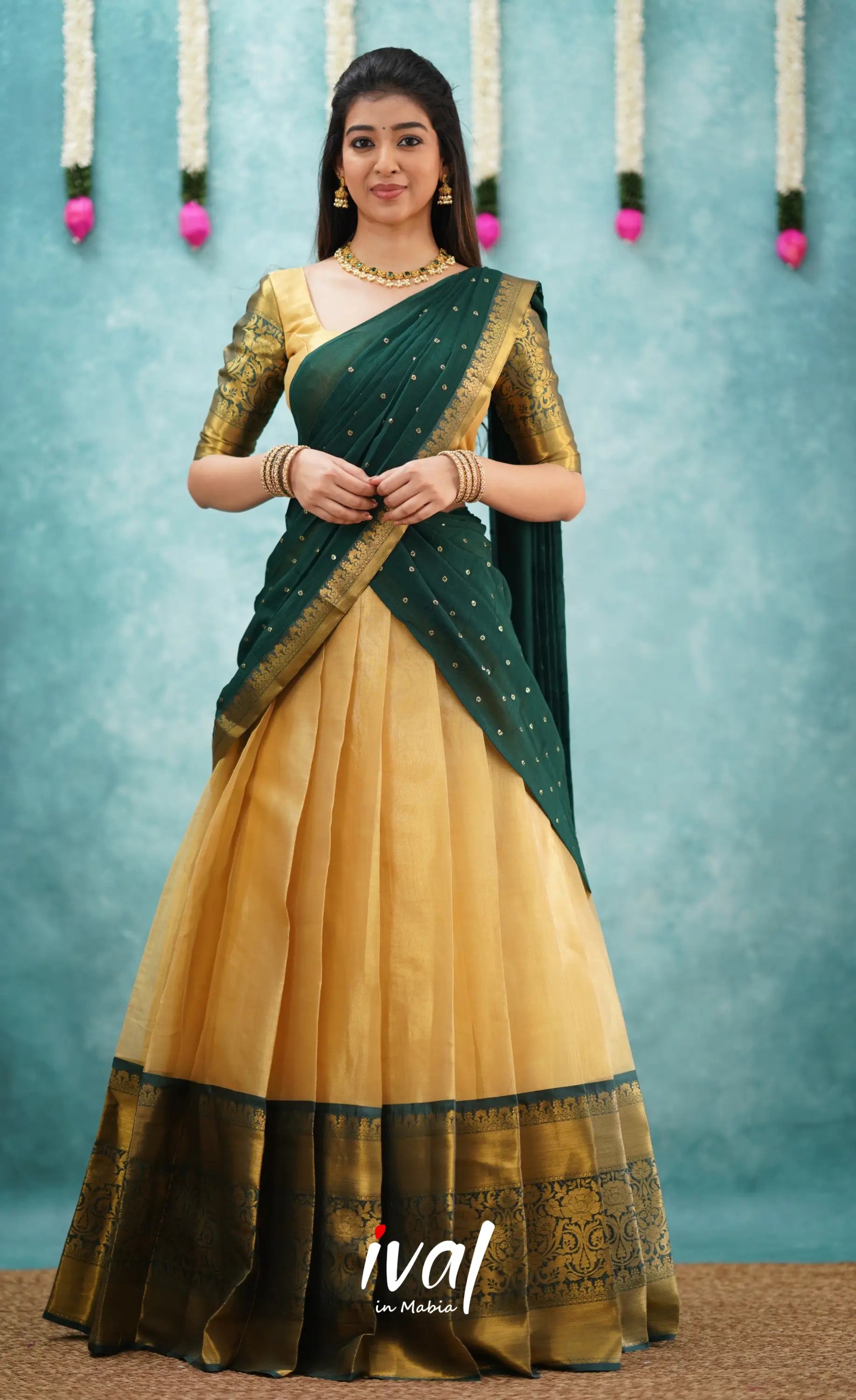 Izhaiyini Dark Bottle Green Shade And Gold Tone Organza Halfsaree Half Sarees