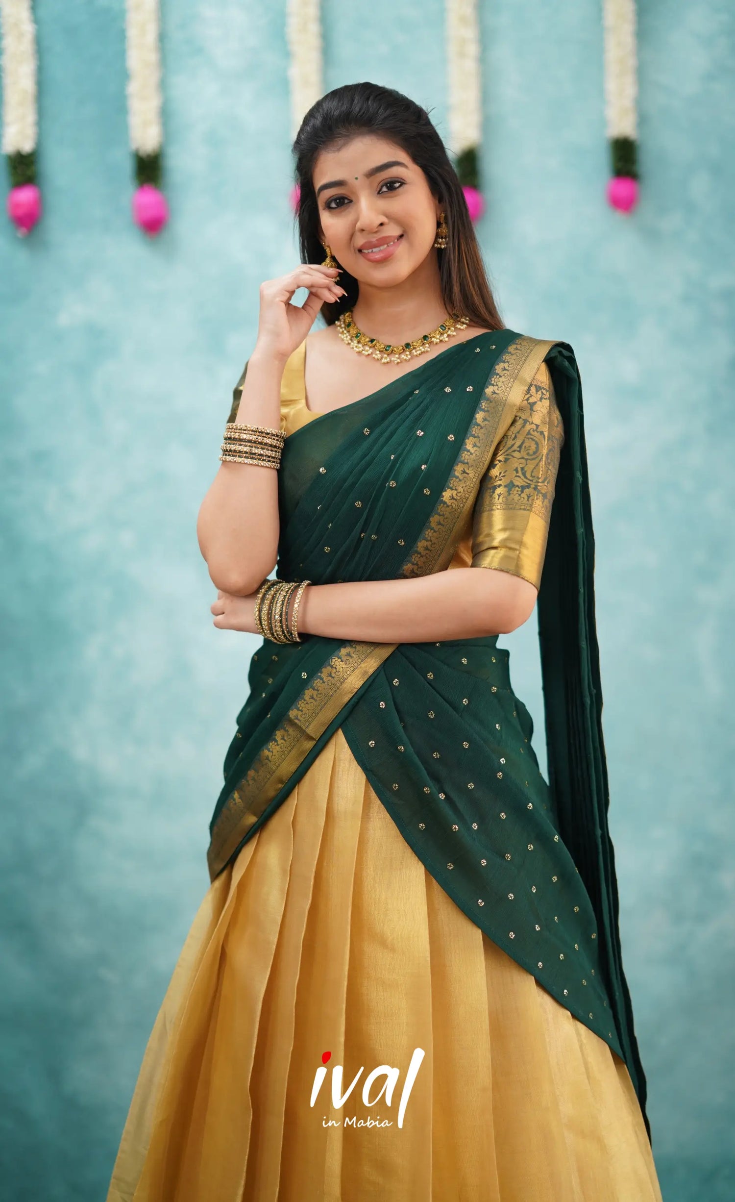 Izhaiyini Dark Bottle Green Shade And Gold Tone Organza Halfsaree Half Sarees