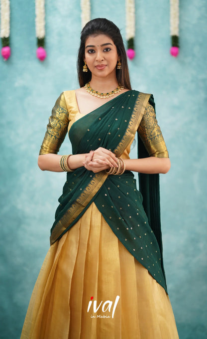 Izhaiyini Dark Bottle Green Shade And Gold Tone Organza Halfsaree Half Sarees