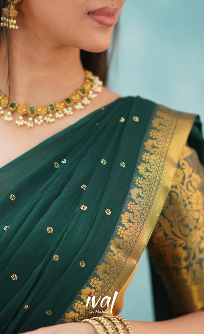 Izhaiyini Dark Bottle Green Shade And Gold Tone Organza Halfsaree Half Sarees