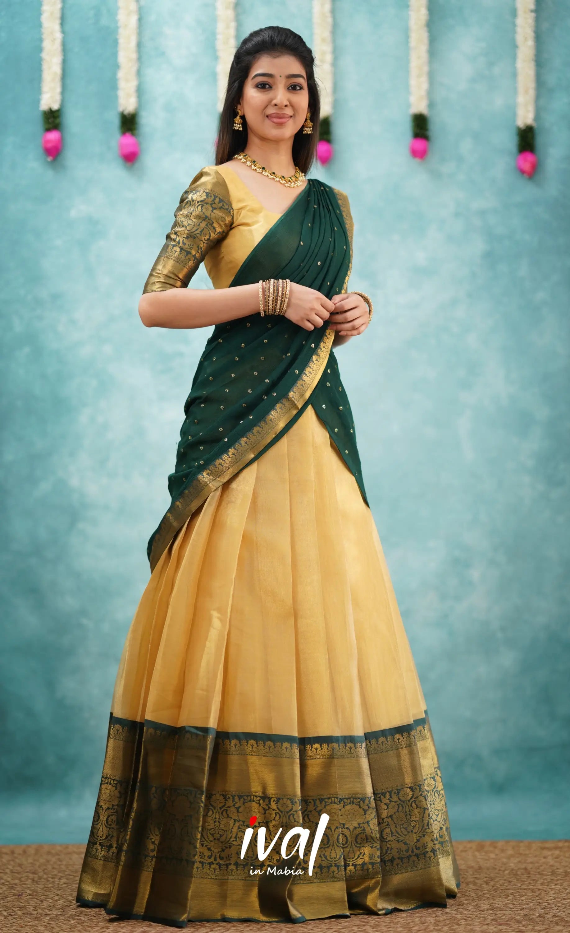 Izhaiyini Dark Bottle Green Shade And Gold Tone Organza Halfsaree Half Sarees