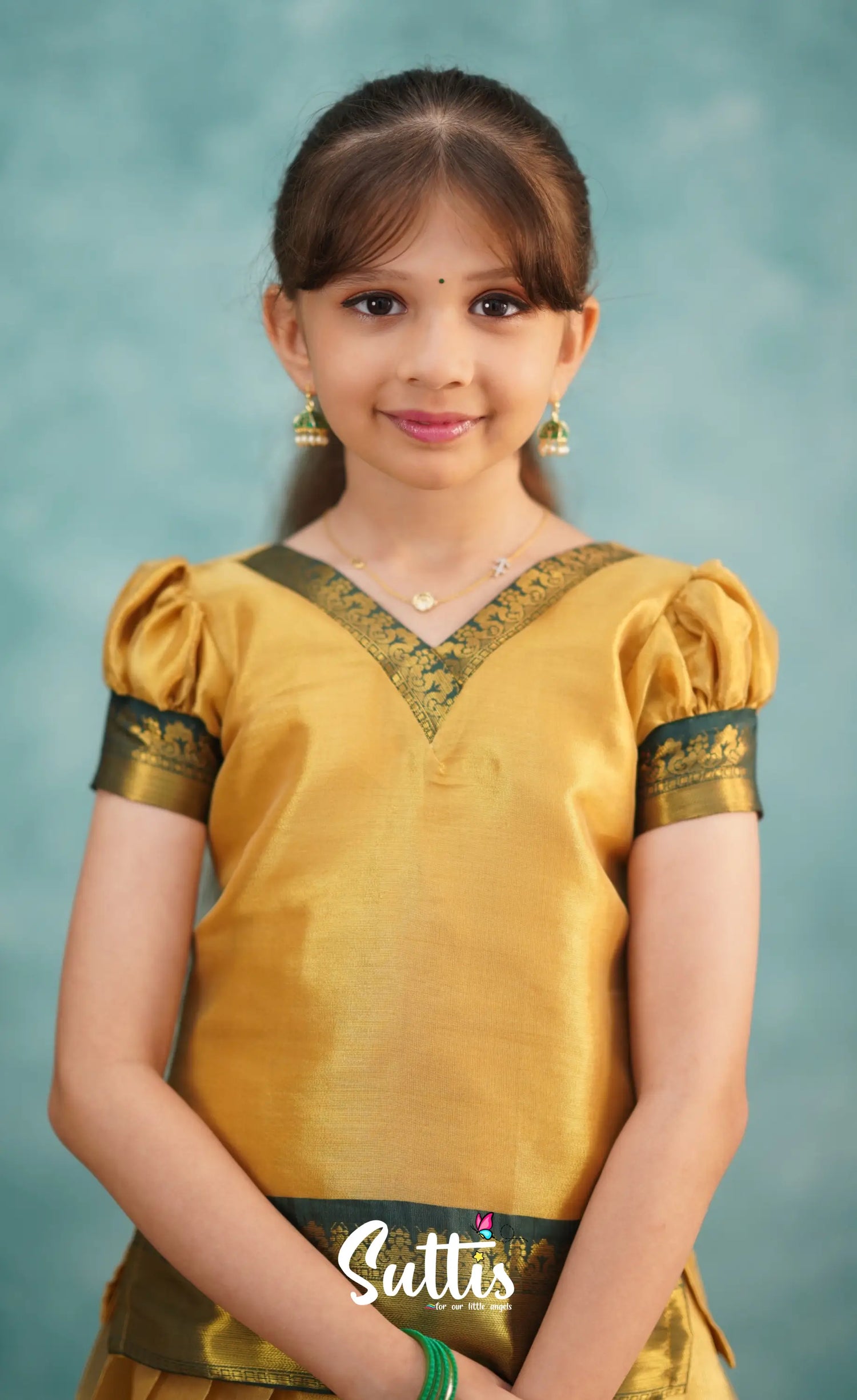 Izhaiyini Dark Bottle Green Shade And Gold Tone Organza Pavadai Sattai Kids-Suttis