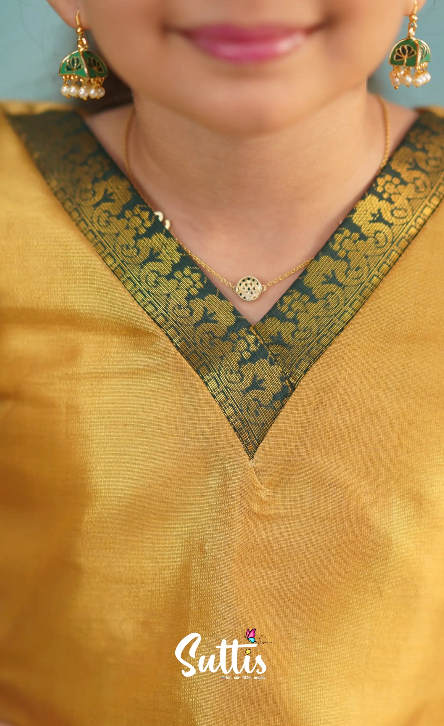 Izhaiyini Dark Bottle Green Shade And Gold Tone Organza Pavadai Sattai Kids-Suttis