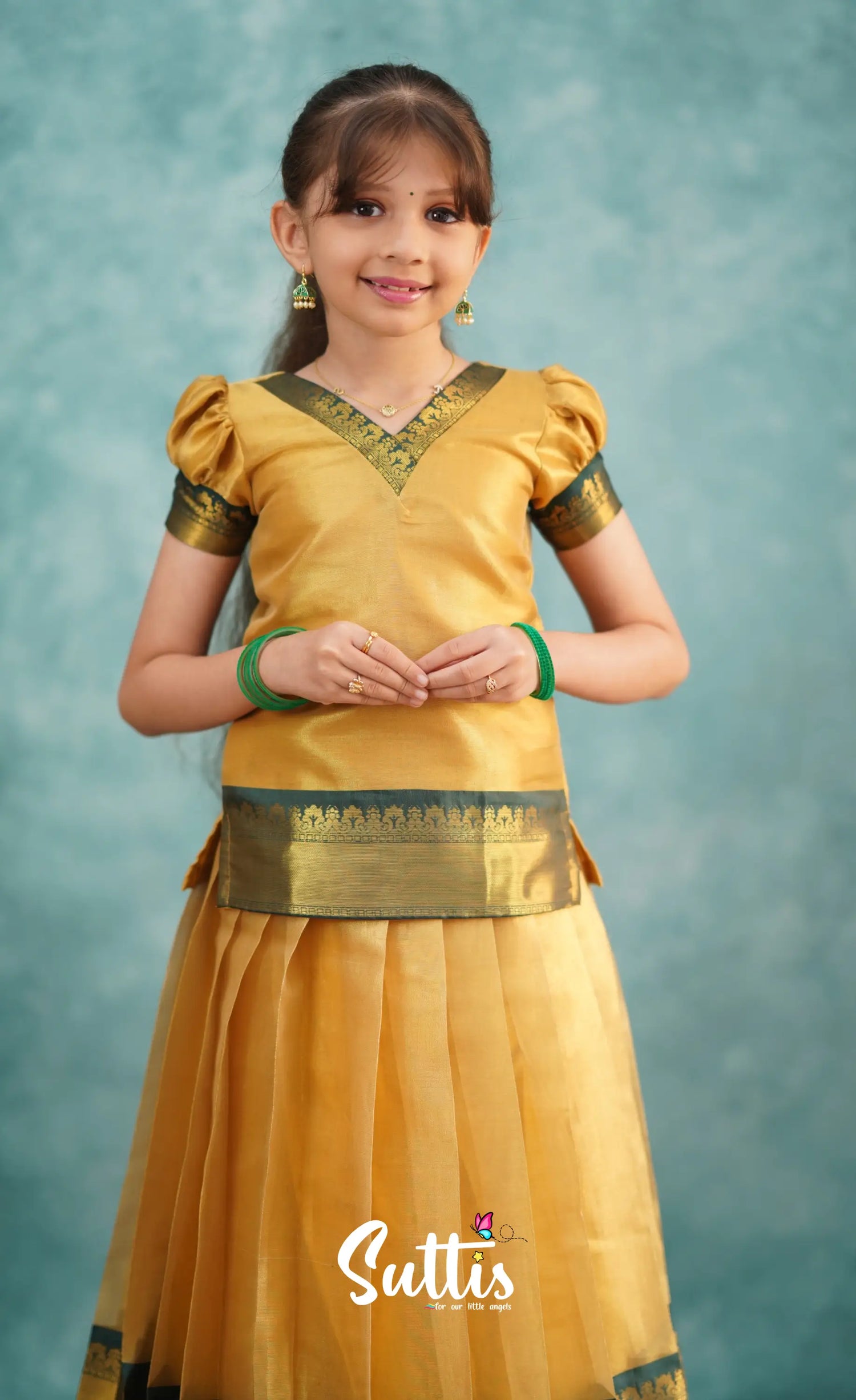 Izhaiyini Dark Bottle Green Shade And Gold Tone Organza Pavadai Sattai Kids-Suttis