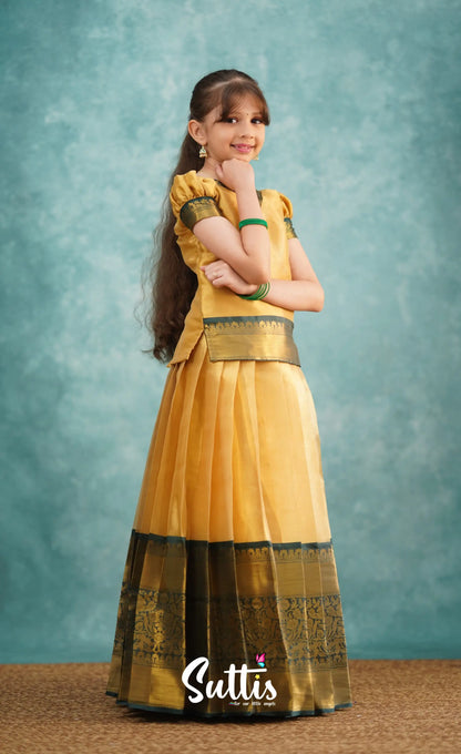 Izhaiyini Dark Bottle Green Shade And Gold Tone Organza Pavadai Sattai Kids-Suttis