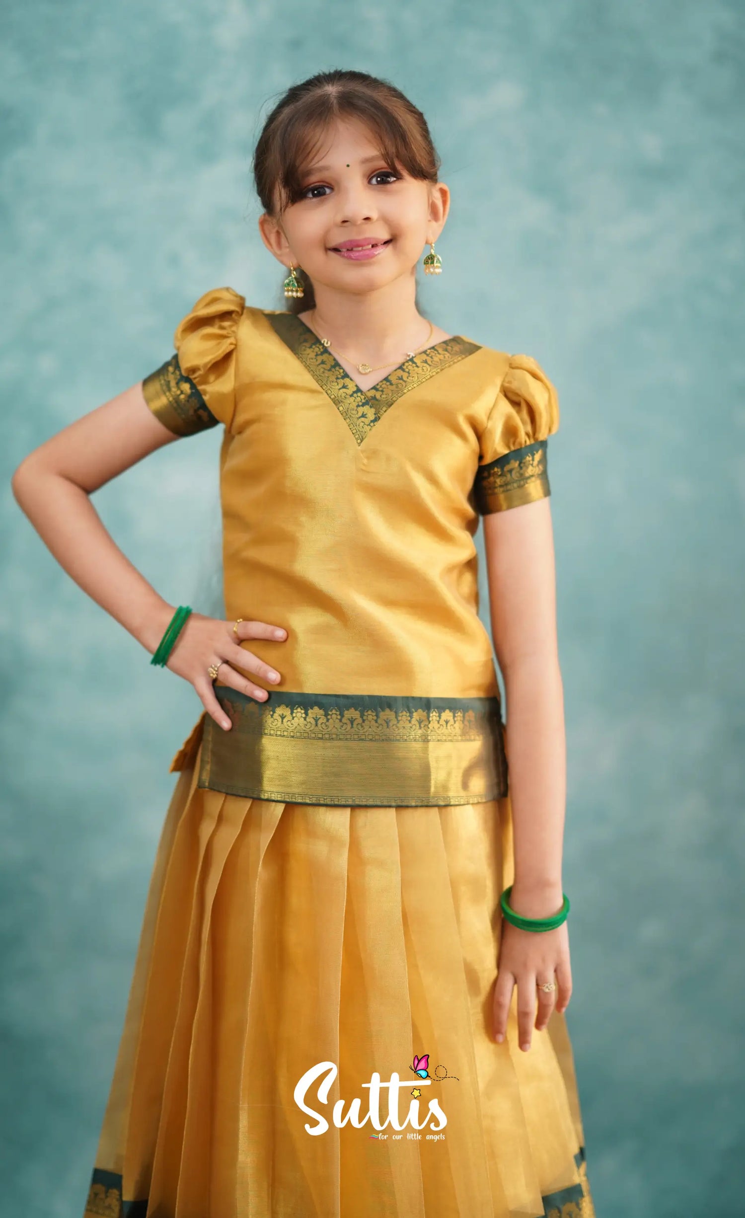 Izhaiyini Dark Bottle Green Shade And Gold Tone Organza Pavadai Sattai Kids-Suttis