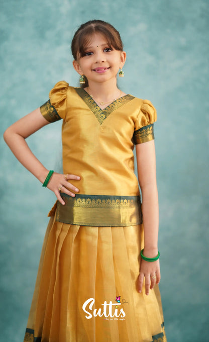 Izhaiyini Dark Bottle Green Shade And Gold Tone Organza Pavadai Sattai Kids-Suttis