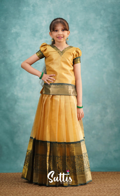 Izhaiyini Dark Bottle Green Shade And Gold Tone Organza Pavadai Sattai Kids-Suttis