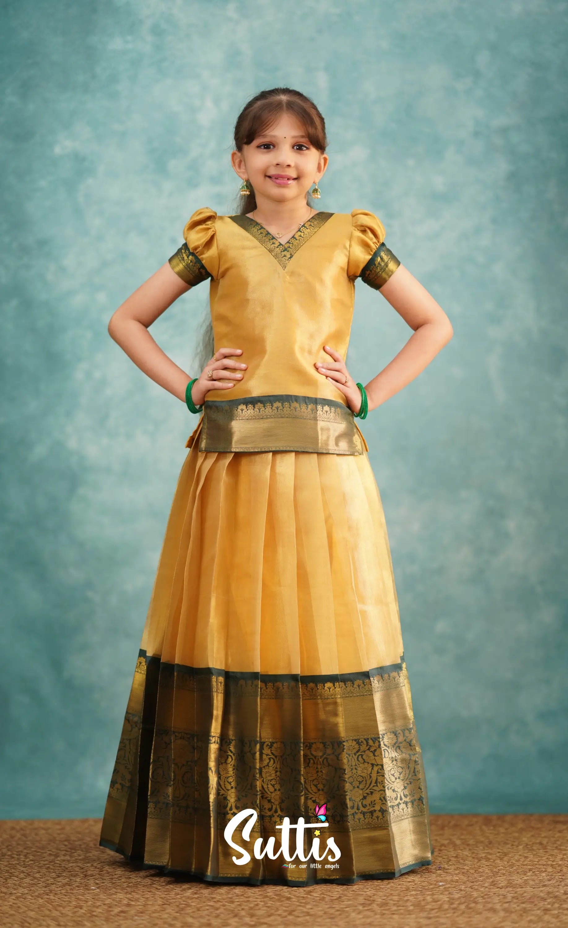 Izhaiyini Dark Bottle Green Shade And Gold Tone Organza Pavadai Sattai Kids-Suttis