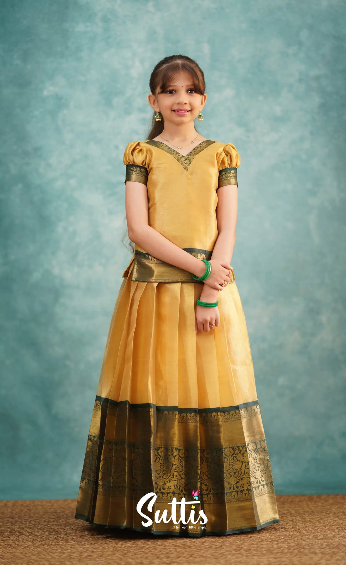 Izhaiyini Dark Bottle Green Shade And Gold Tone Organza Pavadai Sattai Kids-Suttis