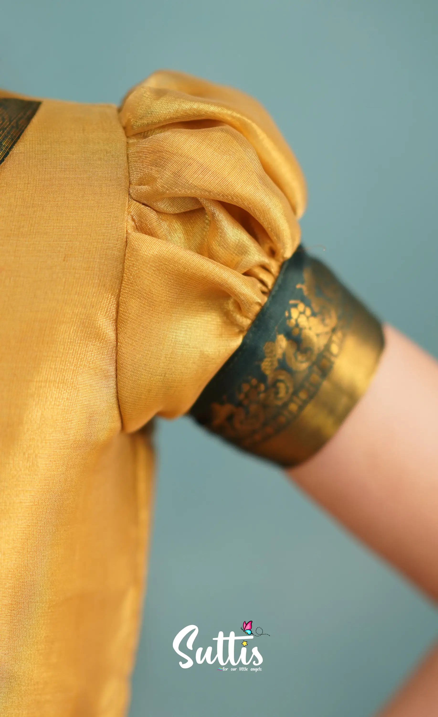 Izhaiyini Dark Bottle Green Shade And Gold Tone Organza Pavadai Sattai Kids-Suttis