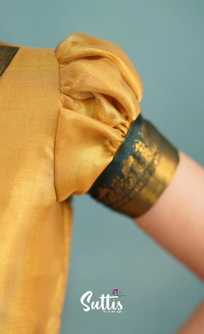 Izhaiyini Dark Bottle Green Shade And Gold Tone Organza Pavadai Sattai Kids-Suttis