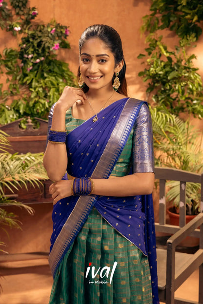 Izhaiyini - Dark Green And Blue Banarasi Tissue Halfsaree Half Sarees