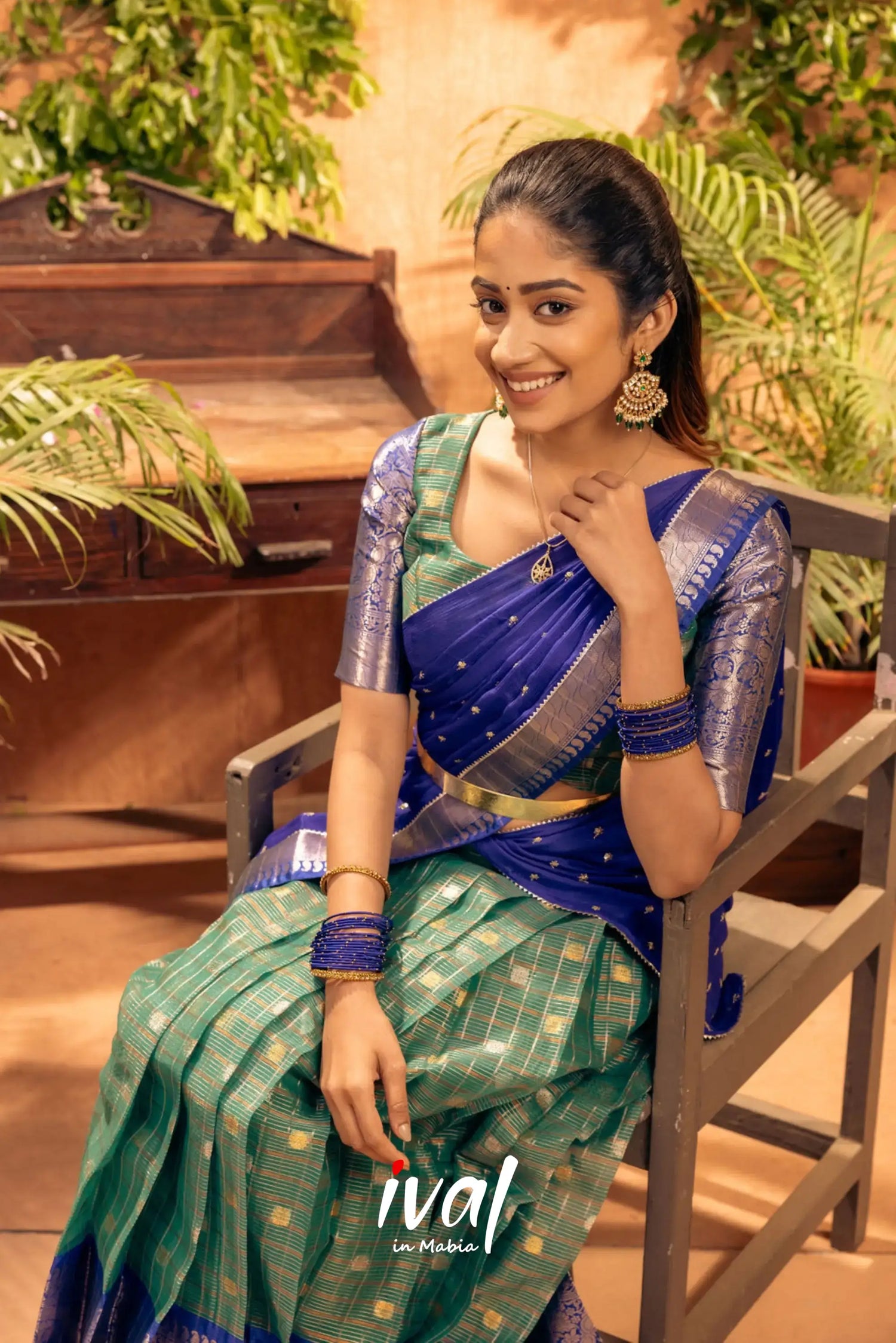 Izhaiyini - Dark Green And Blue Banarasi Tissue Halfsaree Half Sarees