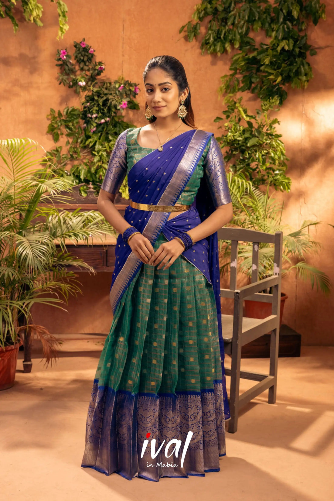Izhaiyini - Dark Green And Blue Banarasi Tissue Halfsaree Half Sarees