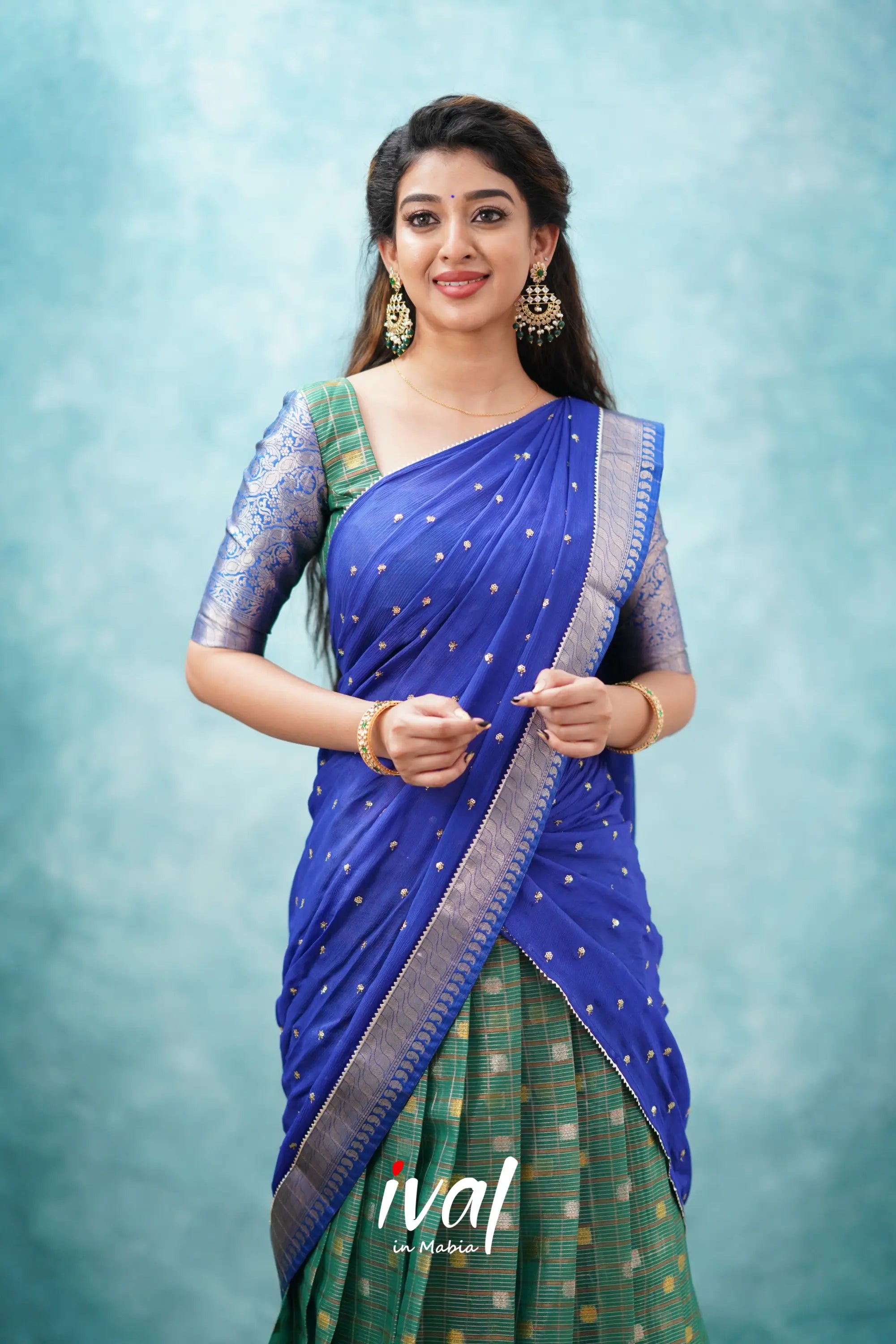 Izhaiyini - Dark Green And Blue Banarasi Tissue Halfsaree Half Sarees