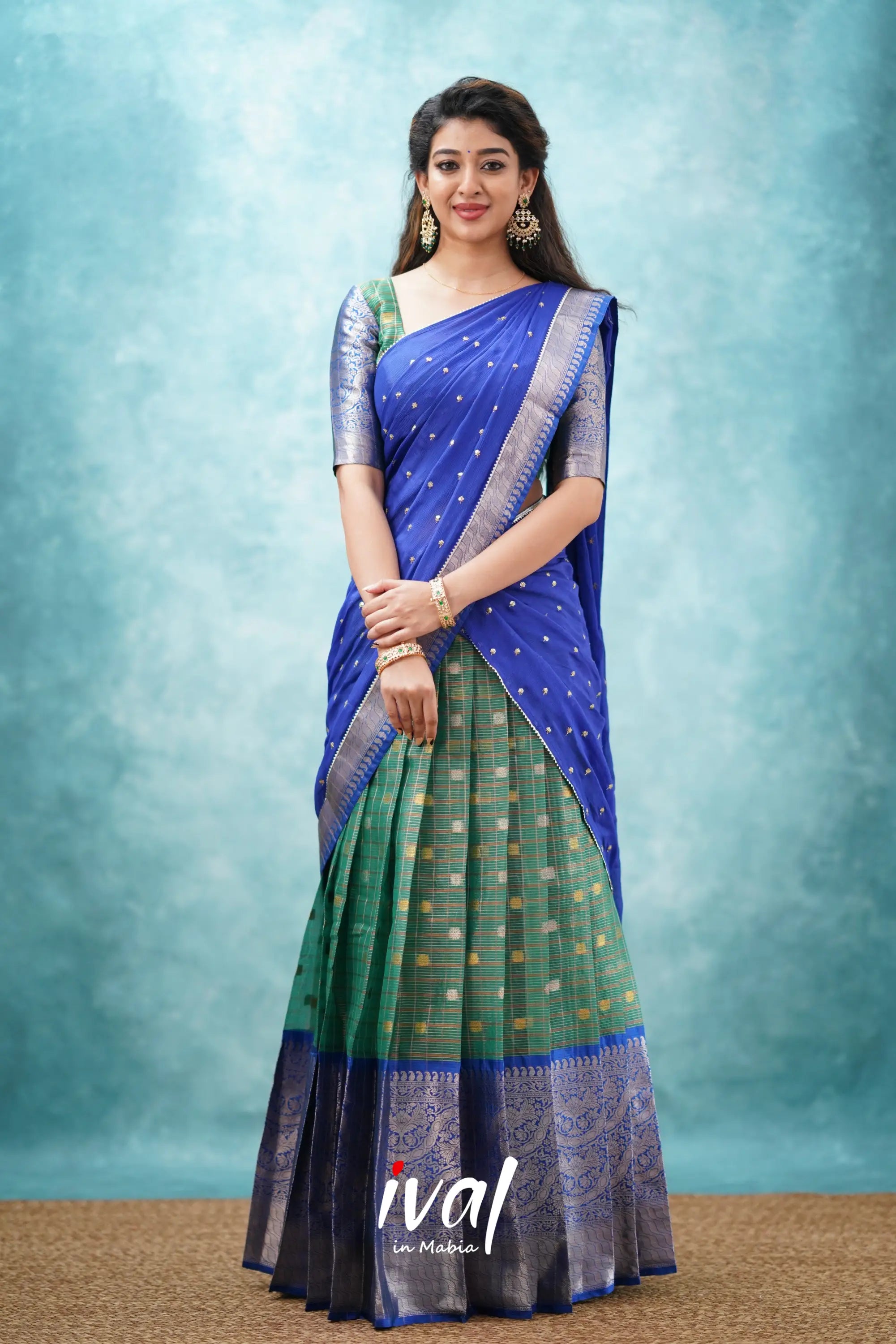 Izhaiyini - Dark Green And Blue Banarasi Tissue Halfsaree Half Sarees