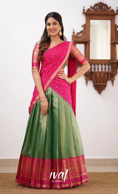 Izhaiyini- Dark Green And Pink Organza Halfsaree Half Sarees