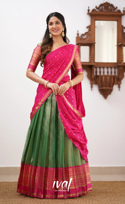 Izhaiyini- Dark Green And Pink Organza Halfsaree Half Sarees