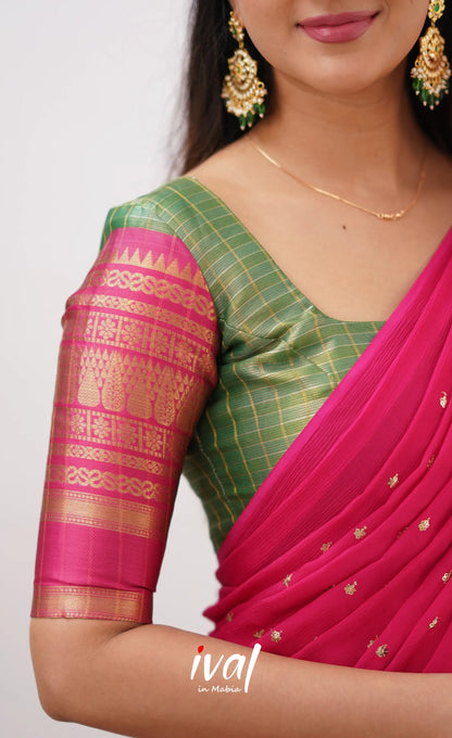 Izhaiyini- Dark Green And Pink Organza Halfsaree Half Sarees