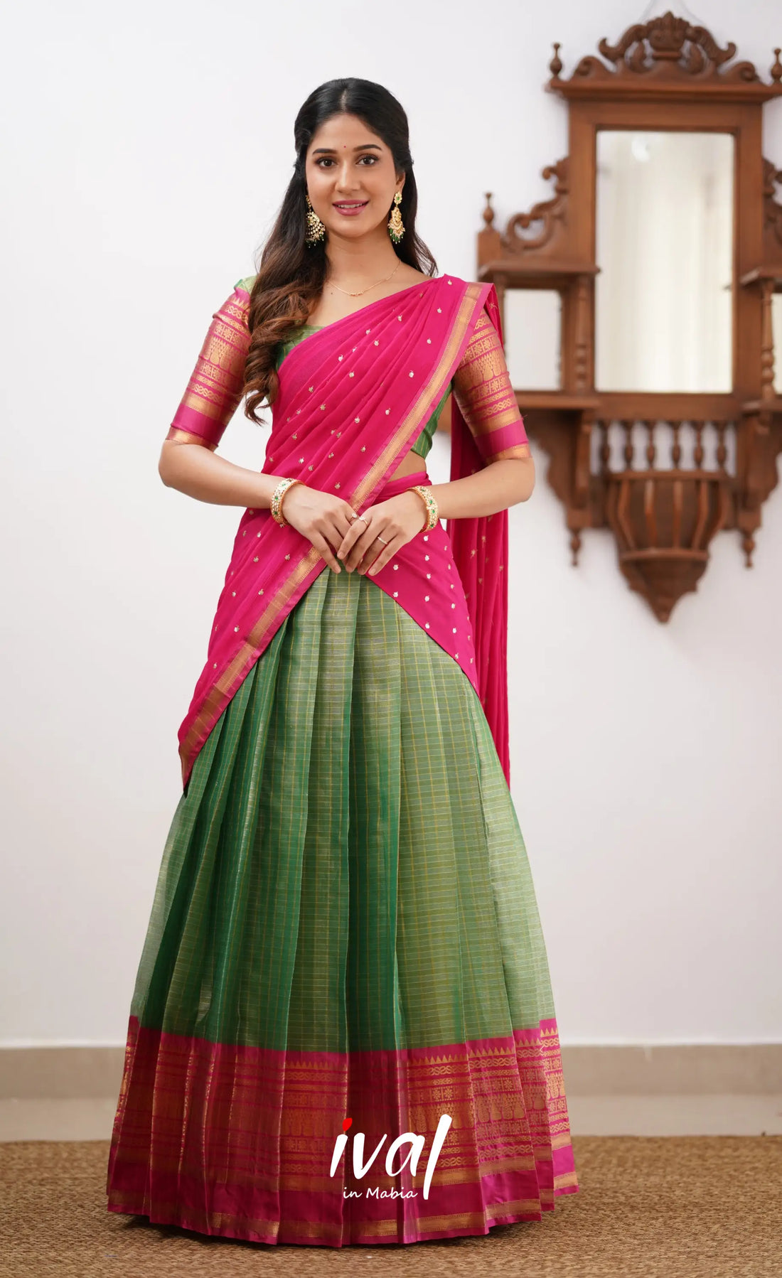 Izhaiyini- Dark Green And Pink Organza Halfsaree Half Sarees