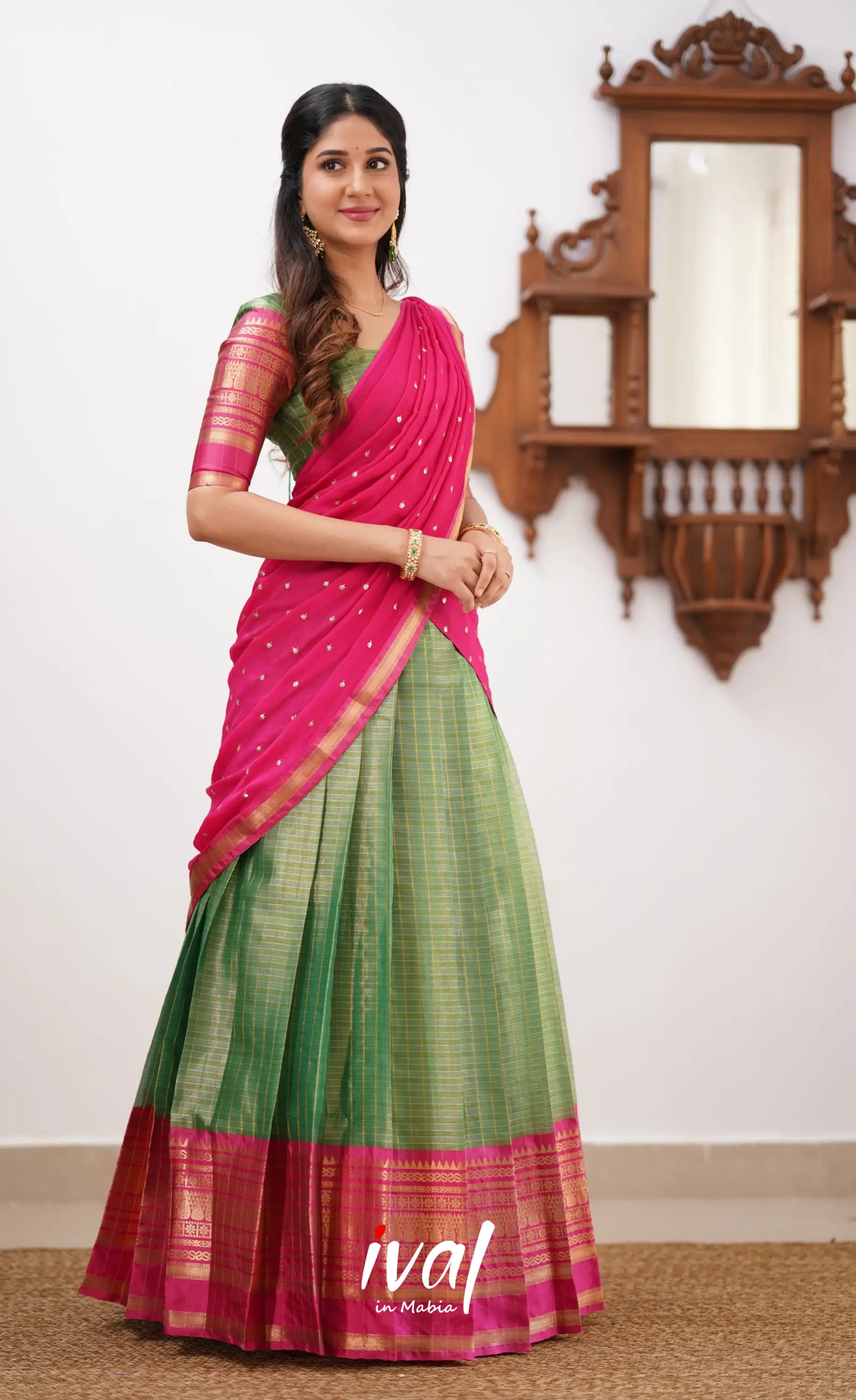 Izhaiyini- Dark Green And Pink Organza Halfsaree Half Sarees