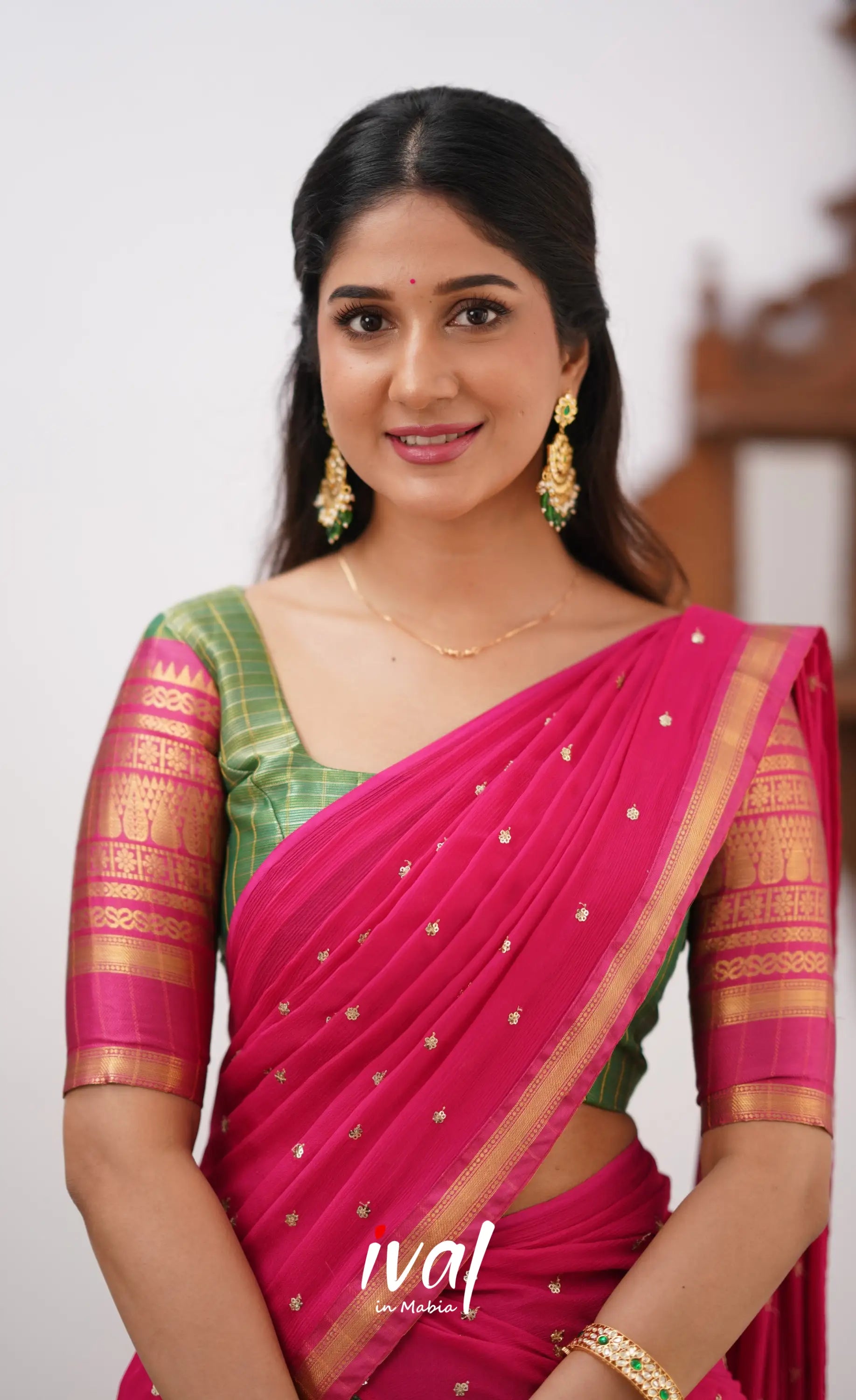 Izhaiyini- Dark Green And Pink Organza Halfsaree Half Sarees