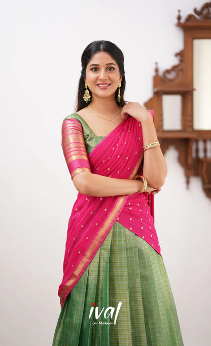 Izhaiyini- Dark Green And Pink Organza Halfsaree Half Sarees