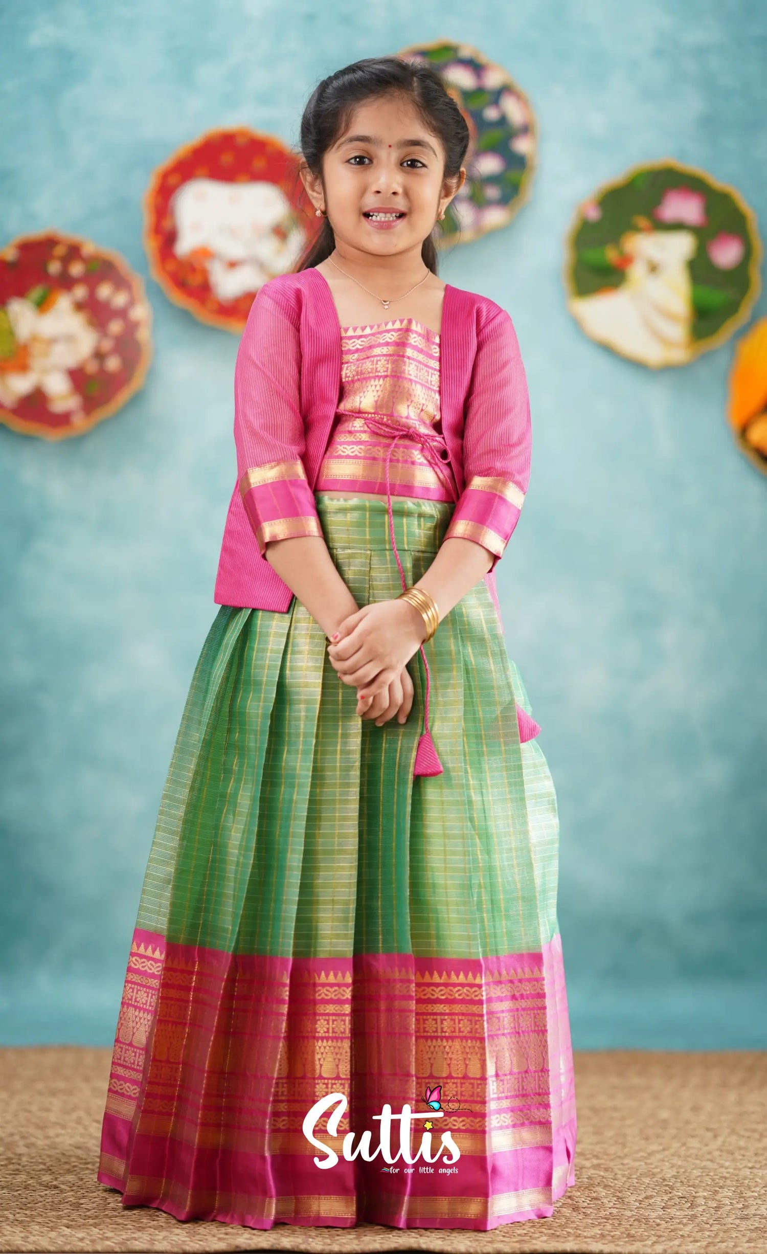 Izhaiyini-Dark Green And Pink Organza Top Skirt Kids-Suttis