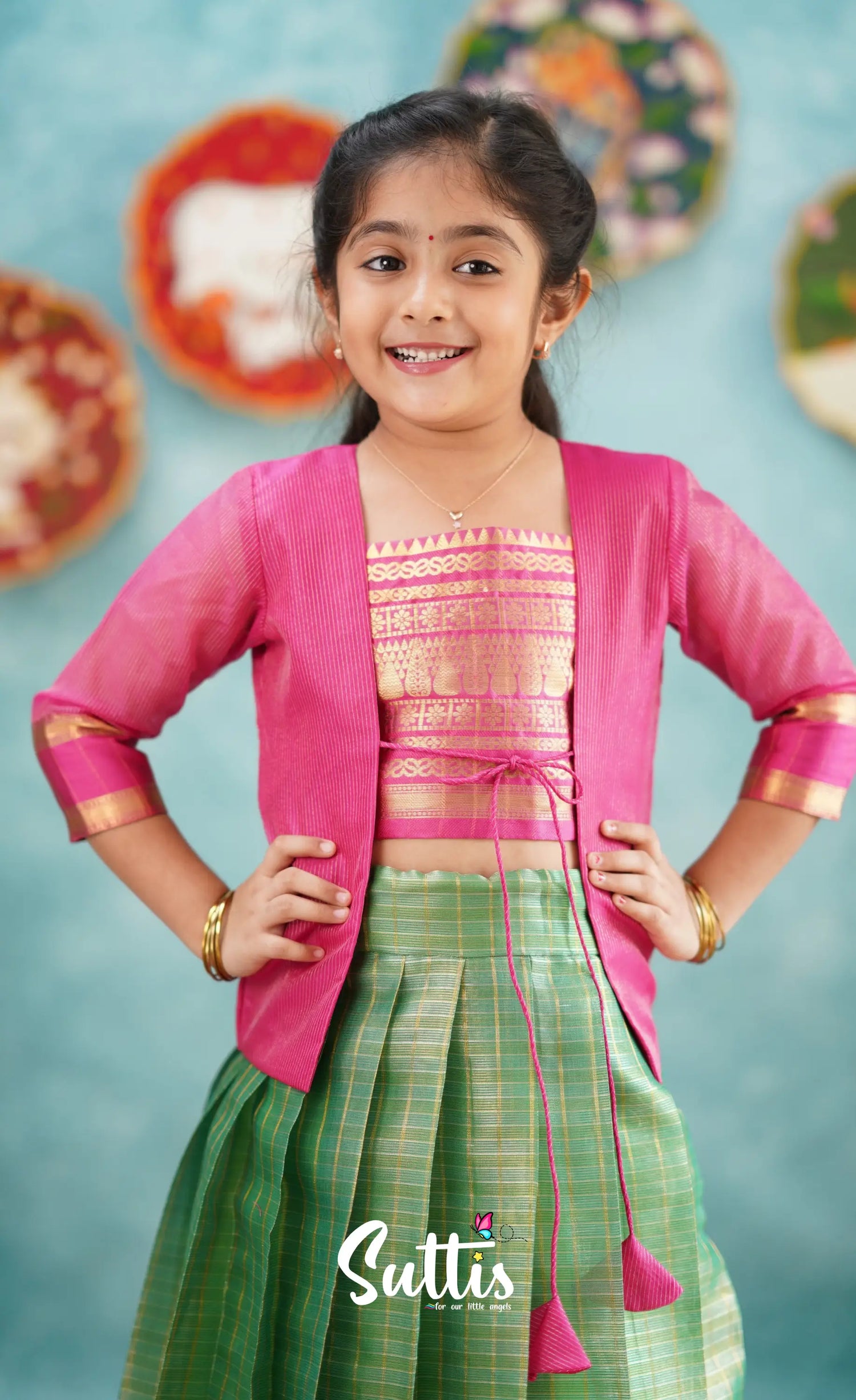 Izhaiyini-Dark Green And Pink Organza Top Skirt Kids-Suttis