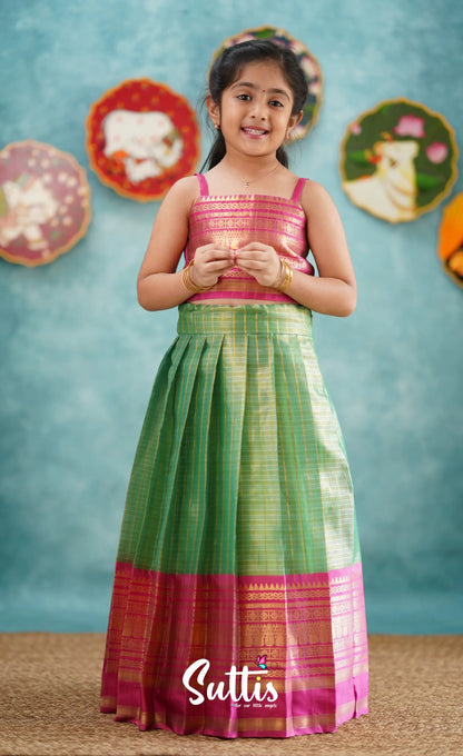 Izhaiyini-Dark Green And Pink Organza Top Skirt Kids-Suttis